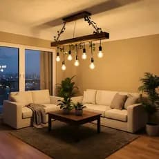 Lustre Luminária bivolt em madeira rústica, 7 pendentes, correntes e folhagem - área gourmet e de lazer