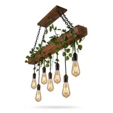 Luminária Lustre Rústico de Madeira com 7 Pendentes e Folhagem Bivolt para Sala, Varanda Gourmet