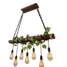Lustre Luminária Pendente Madeira Rústico Industrial C/ Folhagem Correntes 7 Lâmpadas ROOTS