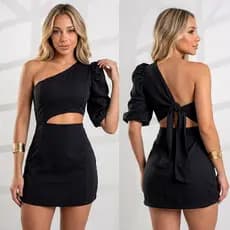 Vestido Alfaiataria Feminino Um Ombro Só Manga Bufante Festa Curto Elegante Vazado na Cintura