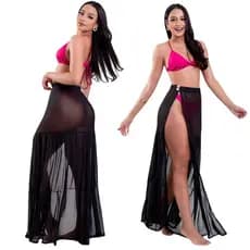 Saída de Praia Saia Longa em Tule Transparente com Fenda Lateral Luxo Verão