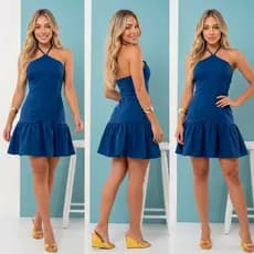 Vestido Feminino Curto Alfaiataria Frente Única com Amarracão nas Costas e Babado Tendência Verão