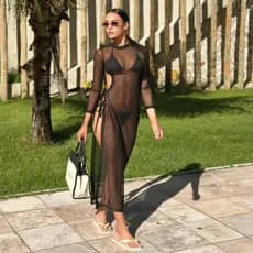 Saída de Praia Vestido Transparente Tule Luxo Manga Longa Fenda Lateral Verão