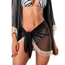 Conjunto Saída de Praia Kimono e Saia com Franjas tule ou dunas pareo verão
