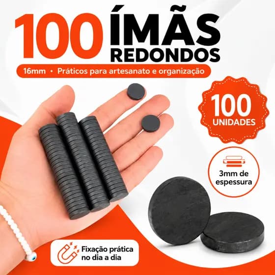 Ímã Redondo Preto Pacote com 100 Unidades em Vários Tamanhos 16mm