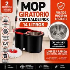 Mop 14 Litros Cabo De 140Cm C/2 Refil Cesto Em Inox Balde Com Rodinha