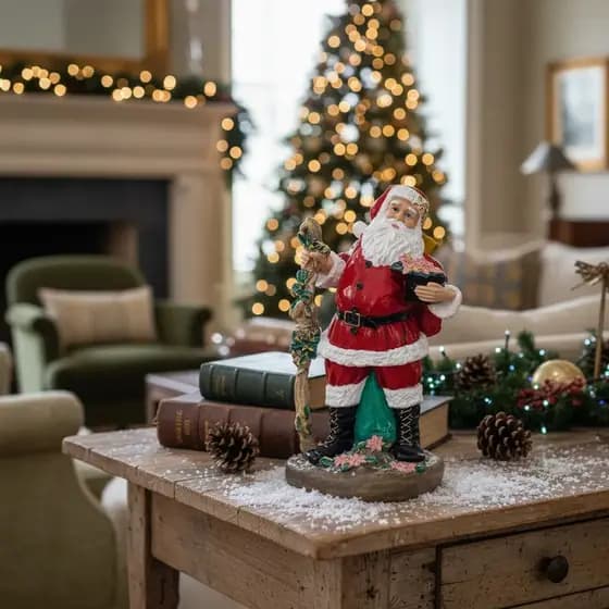 Papai Noel com Cajado em Gesso Enfeite de Natal Decorativo