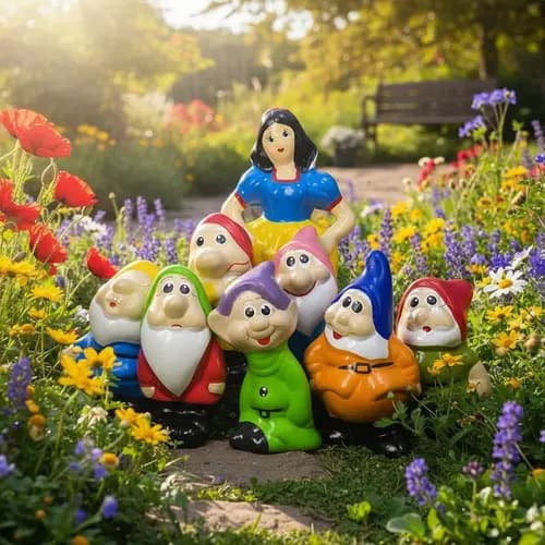 Branca de Neve e 7 Anões 30cm Cerâmica Jardim Decoração