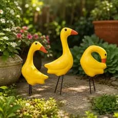 Trio Patinhos Decorativos Mini em Cerâmica Jardim e Casa