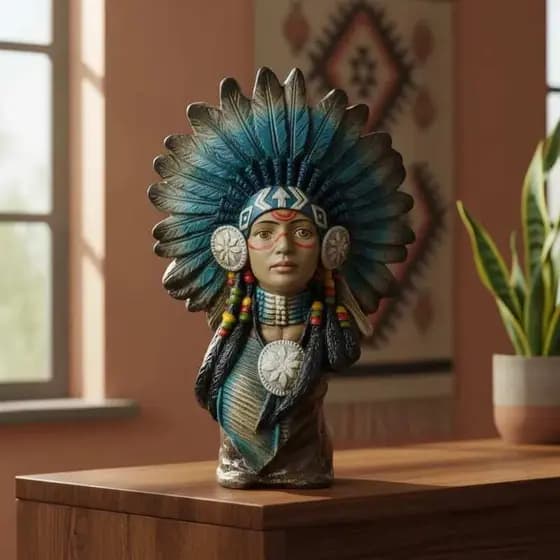 Busto Indígena Feminino Decorativo Estatueta em Resina