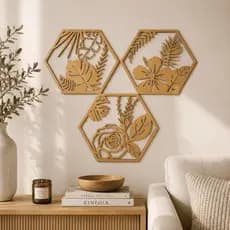 Conjunto de Apliques MDF Quadros Decorativos Flores e Folhas Tropical Parede 3 Peças Relevo Vazado