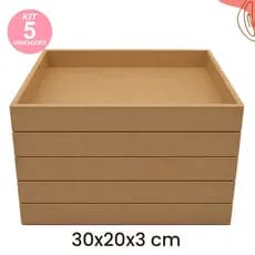 Kit 5 Bandejas MDF Multiuso Reta Resistente Retangular Baixa 30x20x3 Artesanato Festa Organização