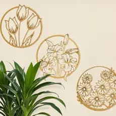 Kit 3 Quadros Decorativos em MDF Apliques de Parede Tema Flores Enfeites Parede 30 cm Decoração Exclusiva