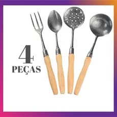 Kit Cozinha Com 4 Peças Colher De Arroz Concha Para Feijão Escumadeira E Garfo