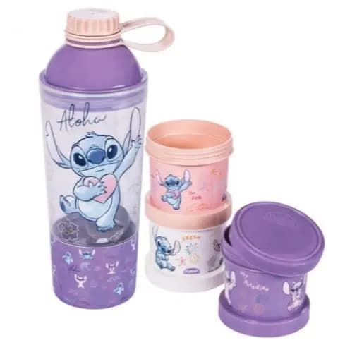 Kit Garrafa Escolar Academia Piquenique Shakeira com Pote 3 em 1 Stitch Disney Edição Limitada