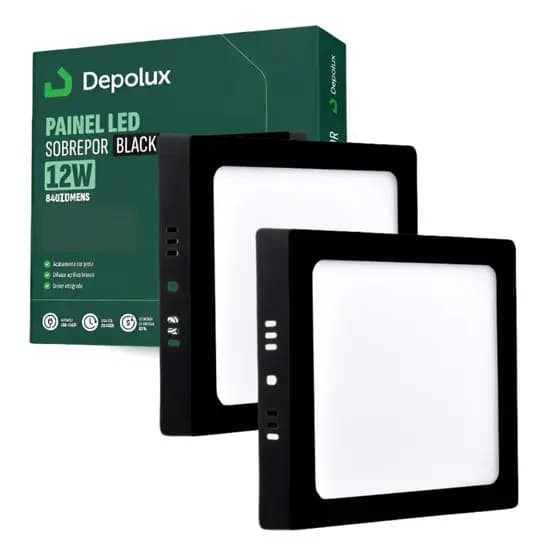 Kit 2 Painel Led Plafon 12w Quadrado Sobrepor Teto 16x16cm Bivolt Preto