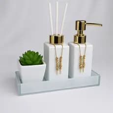 Kit Lavabo Sabonete Liquido Difusor De Ambientes Aromatizador Bandeja Clean 24x12  + ARRANJO BRINDE