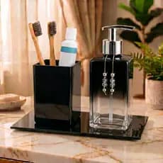 Kit Lavabo Porta Sabonete Liquido + Porta Escova De Vidro + Bandeja Luxo em Vidro