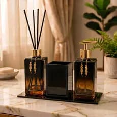 Kit de Banheiro 3 Peças Lavabo Sabonete Liquido Difusor de Ambientes Vidro + Porta Escova + Bandeja