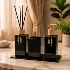 Kit Lavabo Luxo Sabonete Líquido + Porta Escovas + Aromatizante De Ambiente C/Bandeja