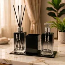 Kit Lavabo Luxo Sabonete Líquido C/ Porta Escovas e Aromatizante De Ambiente C/Bandeja