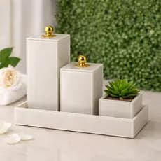 Kit Lavabo 4 Peças em Vidro Porta Escova Com Tampa + Porta Cotonete + Arranjo decorativo  e Bandeja Luxo Para Banheiro