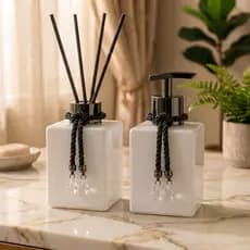 Kit De Banheiro Lavabo Porta Sabonete Liquido + Aromatizador de Ambiente Difusor 250ml Cubo Elegante