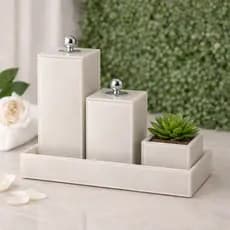 Kit Conjunto De Banheiro 4 Peças em Vidro Porta Escova Com Tampa + Porta Objeto + Arranjo decorativo  e Bandeja