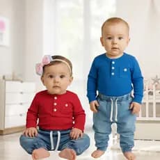 Conjunto de Bebê sendo Body Manga Longa com Bolso e Calça Jeans Saruel Desbotada kit Criança Natal