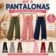 Kit 3 Calças Pantalona Feminina Cós Alto Cordão Malha Confortável Cores Sortidas