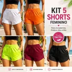 Kit 5 Shortinho Feminino Tactel Cós Elástico Praia Academia Caminhada P ao GG