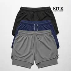 Kit 3 Shorts 2 em 1 Slide Fit Para Academia Bermuda Forrados Com Original Treino Esporte