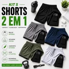 Kit 5 Peças Shorts 2 em 1 Masculino Para Academia Corrida Treino Dry Fit Compressão P ao GG