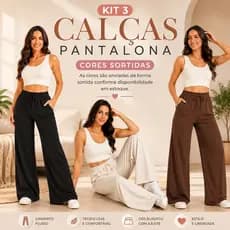 Kit 3 Calças Pantalona Feminina Malha Algodão Para Dia a Dia Cores Sortidas