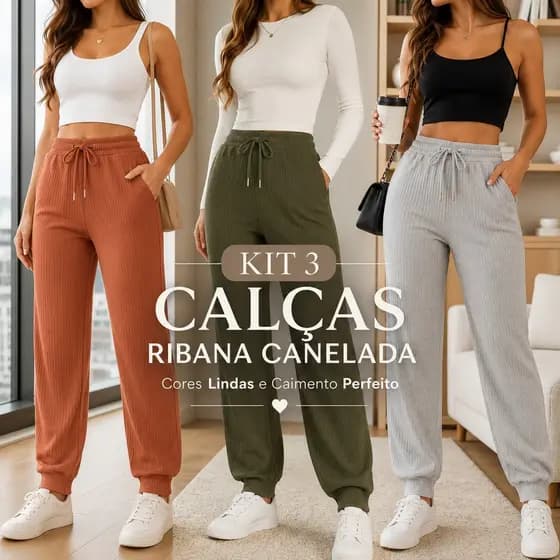 Kit 3 Calças Femininas Ribana Canelada com Cordão Ajustável Bolsos Laterais Tecido Macio e Confortável