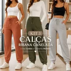 Kit 3 Calças Femininas Ribana Canelada com Cordão Ajustável Bolsos Laterais Tecido Macio e Confortável