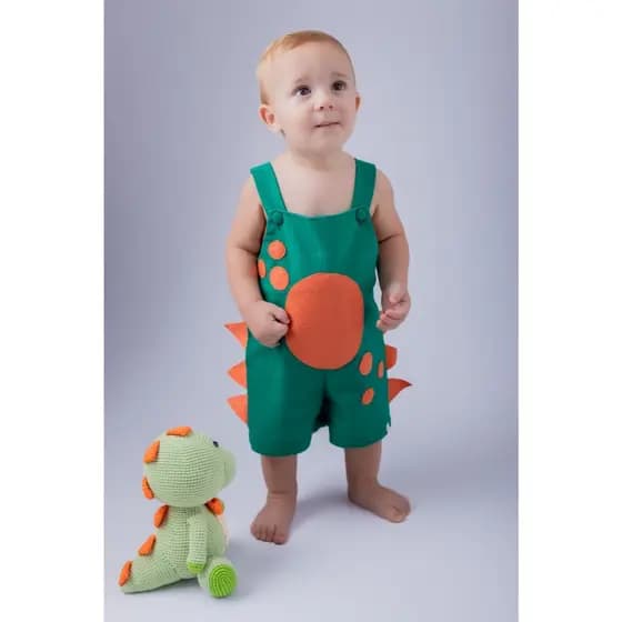 Fantasia de Dinossauro Infantil Menino Macacão Dino para Criança Jardineira Verde ou Rosa T-Rex