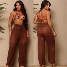calça saida de praia tricot crochê furos moda verão
