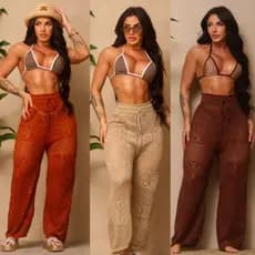 saída de praia calça pantalona tricôt crochê linha luxo