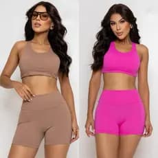 conjunto fitness top e short feminino poliamida cintura alta com bojo removível