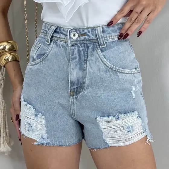 shorts jeans feminino cintura alta marmorizado barra desfiada destroyed linha premium