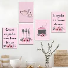 quadros para cozinha tons rosa - quem cozinha não lava louça - cozinha coração da casa - kit 5 placas 20x30cm