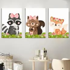 Kit de 3 quadros para decoração quarto infantil, Bichinhos raposa urso ursa, Safari Floresta 20x30cm