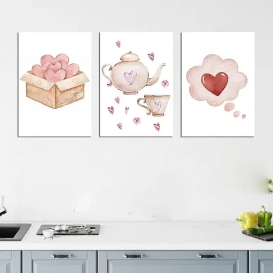 conjunto de quadros barato - decoração caixa do amor coração bule cantinho do café tons rose 3 placas MDF 20x30cm