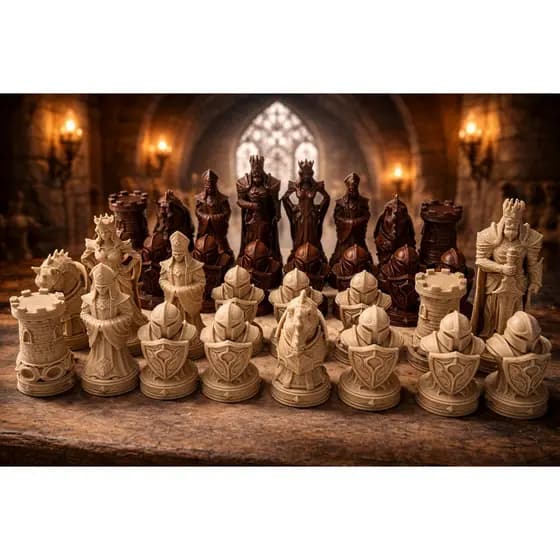 Xadrez medieval | Marrom e Bege | Base com 4cm | 32 peças