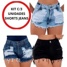 kits 3 Shorts Jeans Feminino Detonado Cintura Alta.