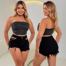 Short Jeans Feminino Cós Alto com Correntes e Ilhós Casual 👖  Fashion Moderno ✨