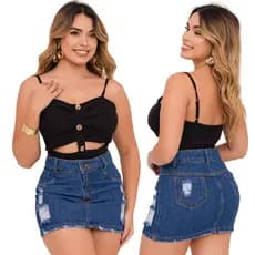 Saia Jeans Feminina Cintura Alta Barra Na Banhinha e Desfiada Com Muito Estilo.
