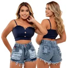 Short Jeans Feminino Marmorizado com botão vermelho