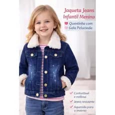Jaqueta Jeans Infantil Menina com Gola Peluciada Casaco Jeans Feminino Infantil Quentinho Moda Inverno Criança